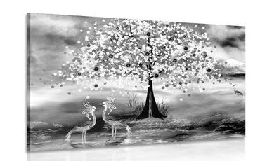 CANVAS PRINT HERONS UNDER A MAGICAL TREE IN BLACK AND WHITE - BLACK AND WHITE PICTURES - PICTURES