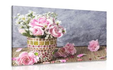 CANVAS PRINT CARNATION FLOWERS IN A MOSAIC POT - PICTURES FLOWERS - PICTURES