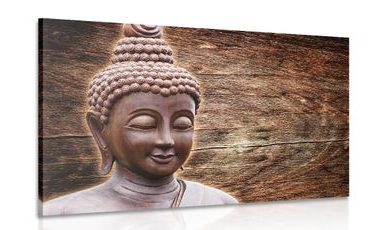 CANVAS PRINT BUDDHA STATUE ON A WOODEN BACKGROUND - PICTURES FENG SHUI - PICTURES