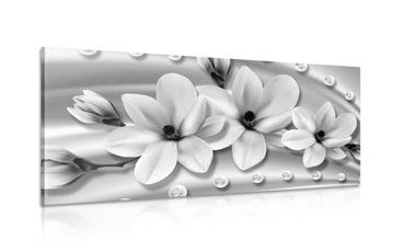 CANVAS PRINT LUXURIOUS MAGNOLIA WITH PEARLS IN BLACK AND WHITE - BLACK AND WHITE PICTURES - PICTURES