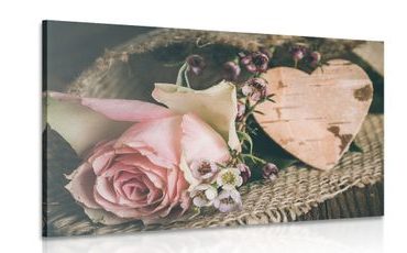 CANVAS PRINT ROSE AND A HEART IN JUTE - VINTAGE AND RETRO PICTURES - PICTURES