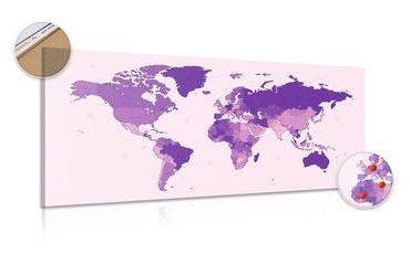 DECORATIVE PINBOARD DETAILED MAP OF THE WORLD IN PURPLE - PICTURES ON CORK - PICTURES