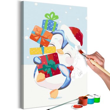 obraz maľovanie podľa čísiel - tučniak s vianočnými darčekmi
