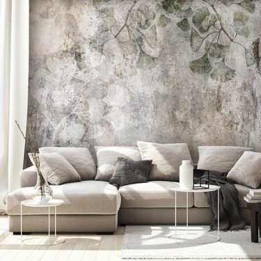 moderná obývačka, samolepiaca tapeta príroda v štýle vintage