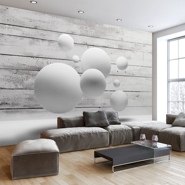 obývačka - samolepiaca tapeta s bielym dreveným obkladom a 3D bielymi bublinami