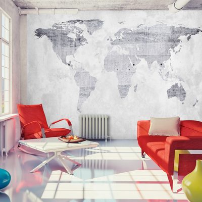 obývačka - samolepiaca tapeta so sivou mapou sveta 