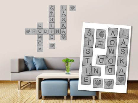 DEKORAČNÉ NÁLEPKY NA STENU ŠEDÉ SCRABBLE - NÁLEPKY