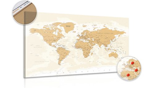 DECORATIVE PINBOARD WORLD MAP WITH A VINTAGE TOUCH - PICTURES ON CORK - PICTURES