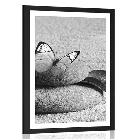 POSTER WITH MOUNT BUTTERFLY ON A ZEN STONE IN BLACK AND WHITE - BLACK AND WHITE - POSTERS