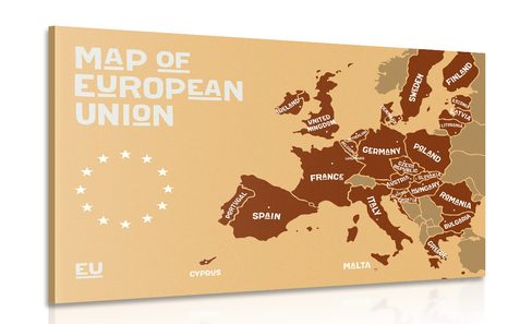 OBRAZ NÁUČNÁ MAPA S NÁZVAMI KRAJÍN EURÓPSKEJ ÚNIE V ODTIEŇOCH HNEDEJ - OBRAZY MAPY - OBRAZY