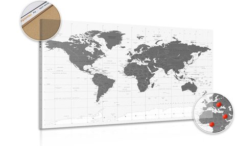 DECORATIVE PINBOARD POLITICAL MAP OF THE WORLD IN BLACK AND WHITE - PICTURES ON CORK - PICTURES