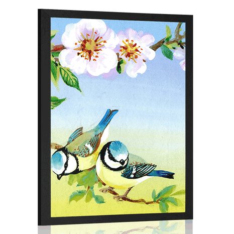 POSTER TITMOUSES AND BLOOMING FLOWERS - VINTAGE AND RETRO - POSTERS