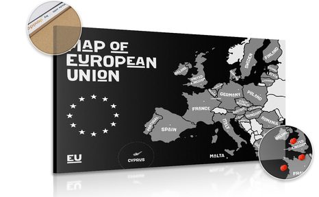 DECORATIVE PINBOARD EDUCATIONAL MAP WITH THE NAMES OF THE COUNTRIES OF THE EUROPEAN UNION IN BLACK AND WHITE - PICTURES ON CORK - PICTURES