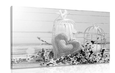 CANVAS PRINT VINTAGE HEART AND LANTERNS IN BLACK AND WHITE - BLACK AND WHITE PICTURES - PICTURES