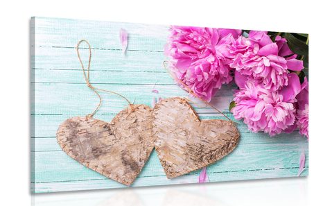 CANVAS PRINT PEONIES AND BIRCH HEARTS - VINTAGE AND RETRO PICTURES - PICTURES