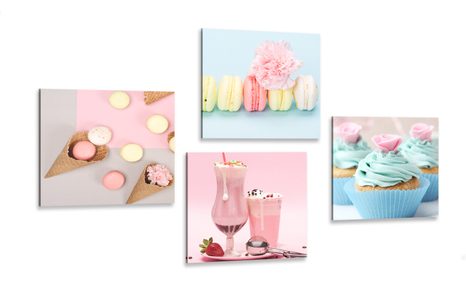 CANVAS PRINT SET SWEET TREAT WITH A DRINK - SET OF PICTURES - PICTURES