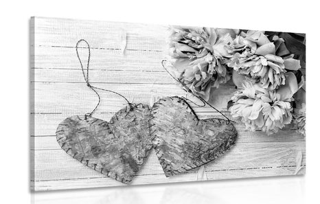 CANVAS PRINT PEONIES AND BIRCH HEARTS IN BLACK AND WHITE - BLACK AND WHITE PICTURES - PICTURES