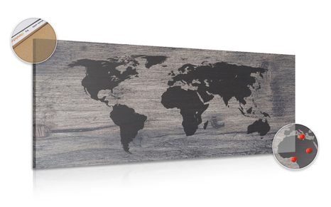 DECORATIVE PINBOARD WORLD MAP ON DARK WOOD - PICTURES ON CORK - PICTURES