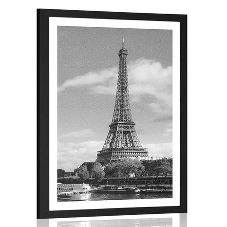 POSTER WITH MOUNT BEAUTIFUL PANORAMA OF PARIS IN BLACK AND WHITE - BLACK AND WHITE - POSTERS