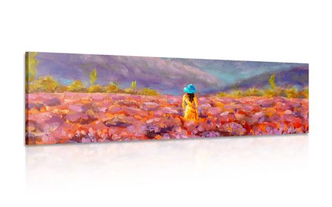 CANVAS PRINT GIRL IN A YELLOW DRESS IN A LAVENDER FIELD - PICTURES OF NATURE AND LANDSCAPE - PICTURES