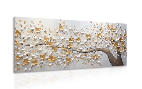 CANVAS PRINT A TREE WITH WHITE-GOLD FLOWERS - PICTURES OF TREES AND LEAVES - PICTURES