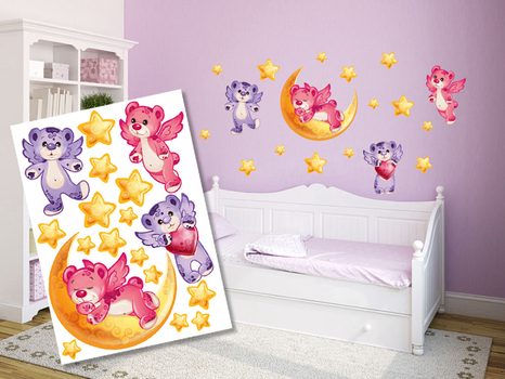 DECORATIVE WALL STICKERS PINK & PURPLE TEDDY BEARS - FOR CHILDREN - STICKERS