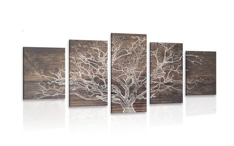 5-PIECE CANVAS PRINT TREE CROWN ON A WOODEN BASE - PICTURES OF TREES AND LEAVES - PICTURES