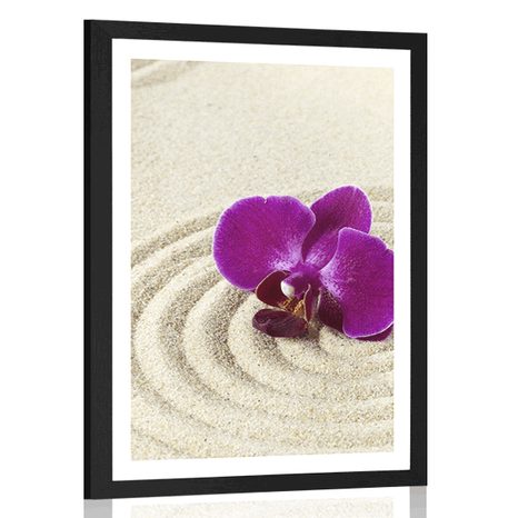 POSTER WITH MOUNT SANDY ZEN GARDEN WITH A PURPLE ORCHID - FENG SHUI - POSTERS