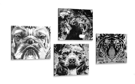 CANVAS PRINT SET ANIMALS IN BLACK AND WHITE POP ART STYLE - SET OF PICTURES - PICTURES