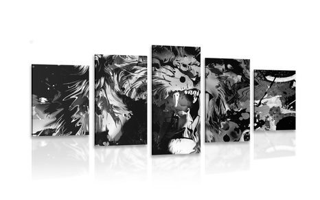 5-PIECE CANVAS PRINT LION HEAD IN BLACK AND WHITE - BLACK AND WHITE PICTURES - PICTURES