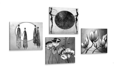 CANVAS PRINT SET IN BLACK AND WHITE ETHNO DESIGN - SET OF PICTURES - PICTURES