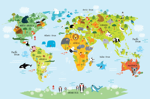 DECORATIVE PINBOARD CHILDREN'S MAP OF THE WORLD WITH ANIMALS - PICTURES ON CORK - PICTURES