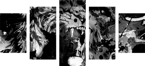 5-PIECE CANVAS PRINT LION HEAD IN BLACK AND WHITE - BLACK AND WHITE PICTURES - PICTURES