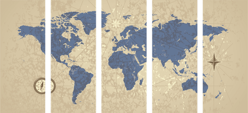 5-DÍLNÝ OBRAZ MAPA SVĚTA S KOMPASEM V RETRO STYLU - OBRAZY MAPY - OBRAZY