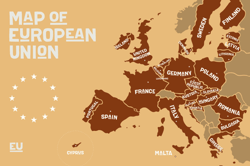 OBRAZ NÁUČNÁ MAPA S NÁZVAMI KRAJÍN EURÓPSKEJ ÚNIE V ODTIEŇOCH HNEDEJ - OBRAZY MAPY - OBRAZY