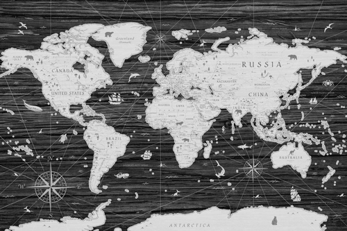 DECORATIVE PINBOARD BLACK AND WHITE MAP ON A WOODEN BACKGROUND - PICTURES ON CORK - PICTURES
