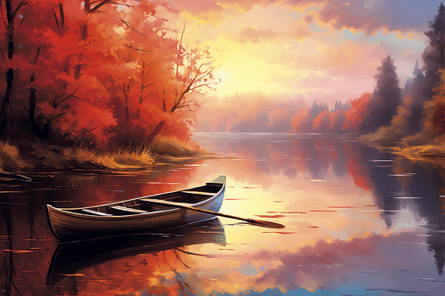 CANVAS PRINT A BOAT IN A CALM SUNRISE - PICTURES LAKES - PICTURES