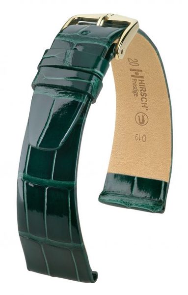 Řemínek Hirsch Prestige 1 alligator - tmavě zelený, lesk - L - řemínek 20 mm (spona 16 mm)