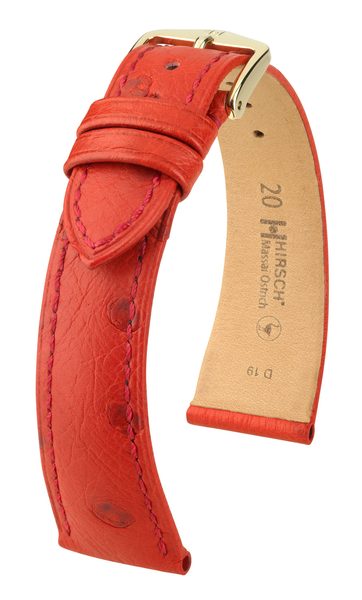 Řemínek Hirsch Massai Ostrich - červený - 22 mm - L – Standardní délka (doporučujeme) - 18 mm - Zlatá