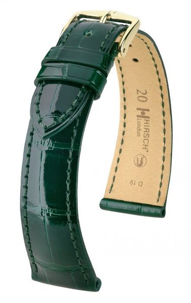 Řemínek Hirsch London Alligator - tmavě zelený, lesk - 14 mm - M – Střední délka - 10 mm - Zlatá