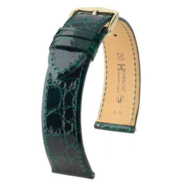 Řemínek Hirsch Genuine Croco - tmavě zelený, lesk - 16 mm - M – Střední délka - 14 mm - Zlatá