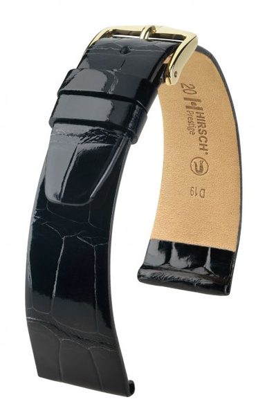 Řemínek Hirsch Prestige 1 alligator - černý, lesk - L - řemínek 20 mm (spona 16 mm)