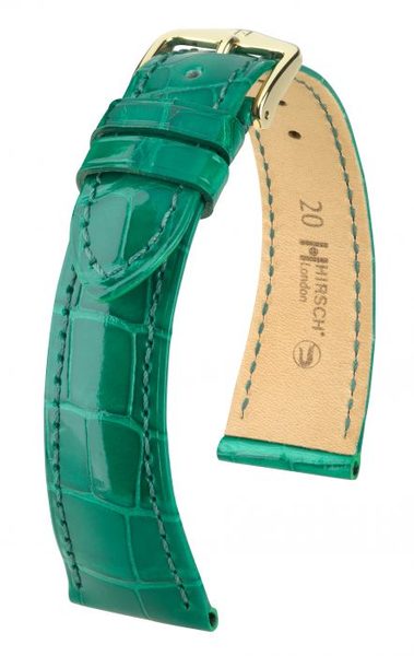 Řemínek Hirsch London Alligator - zelený, lesk - 17 mm - M – Střední délka - 14 mm - Zlatá