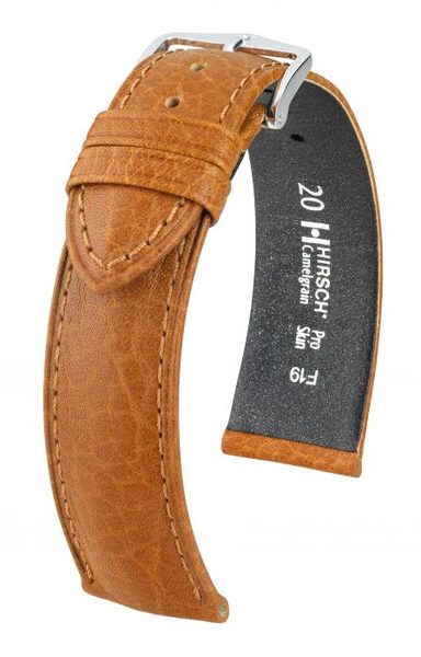 Řemínek Hirsch Camelgrain - medový - 18 mm - XL - Prodloužená délka - 16 mm - Stříbrná