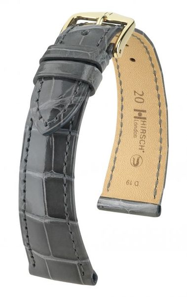 Řemínek Hirsch London Alligator - šedý, lesk - 17 mm - M – Střední délka - 14 mm - Zlatá