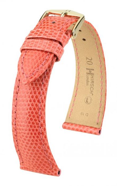 Řemínek Hirsch London Lizard - tmavě růžový, lesk - 22 mm - L – Standardní délka (doporučujeme) - 18 mm - Zlatá