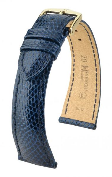 Řemínek Hirsch London Lizard - tmavě modrý, lesk - 19 mm - L – Standardní délka (doporučujeme) - 16 mm - Zlatá