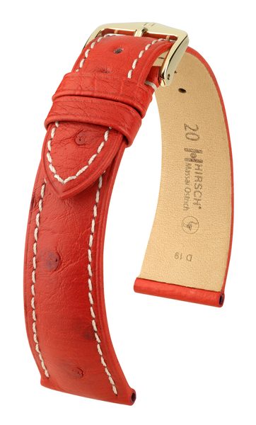 Řemínek Hirsch Massai Ostrich - červený, bílé prošití - 20 mm - L – Standardní délka (doporučujeme) - 18 mm - Zlatá