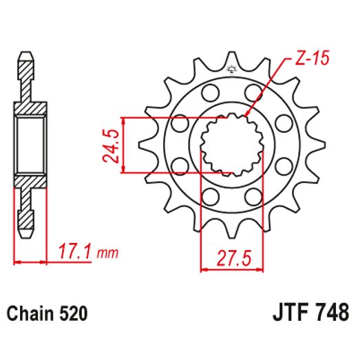 ŘETĚZOVÉ KOLEČKO JT JTF 748-15RB 15 ZUBŮ, 520 POGUMOVANÉ