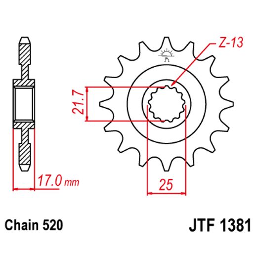 ŘETĚZOVÉ KOLEČKO JT JTF 1381-16RB 16 ZUBŮ, 520 POGUMOVANÉ